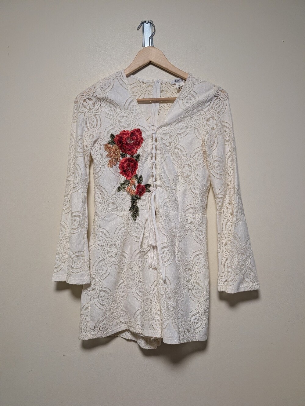 Mocha White Lace Floral Embroidered Bell Sleeve Romper Medium Boho